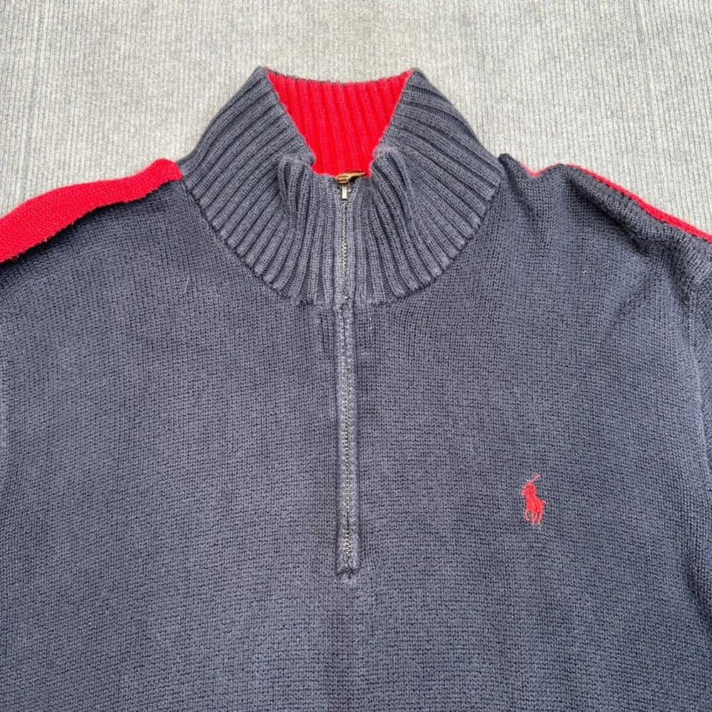 Polo Ralph Lauren Mens XL Quarter Zip Y2k Sweater‎ Navy Blue Red Stripe Cotton